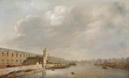 Die Grande Galerie des Louvre, Blick auf Paris von der Barbier-Brücke (flussaufwärts), ca.1640